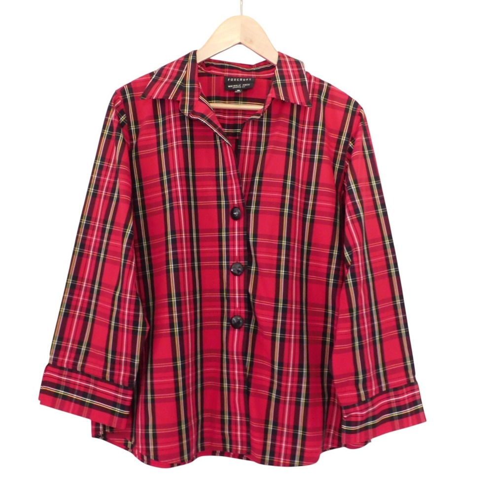Foxcroft Womens Shirt Wrinkle Free Size 14 Red tartan plaid Holiday Shaped